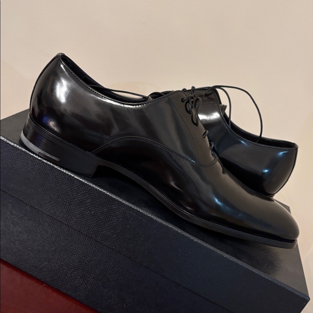 PRADA Spazzolato Fume’ Plain Toe Black Derby Sz.7 - Picture 9 of 16